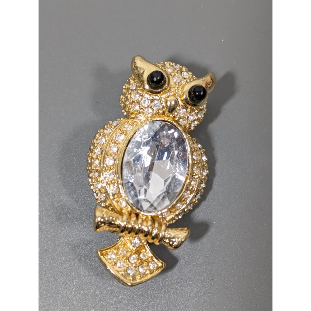 Gold Tone Owl Brooch Large Rhinestone Cabochon Pave Statement Retro